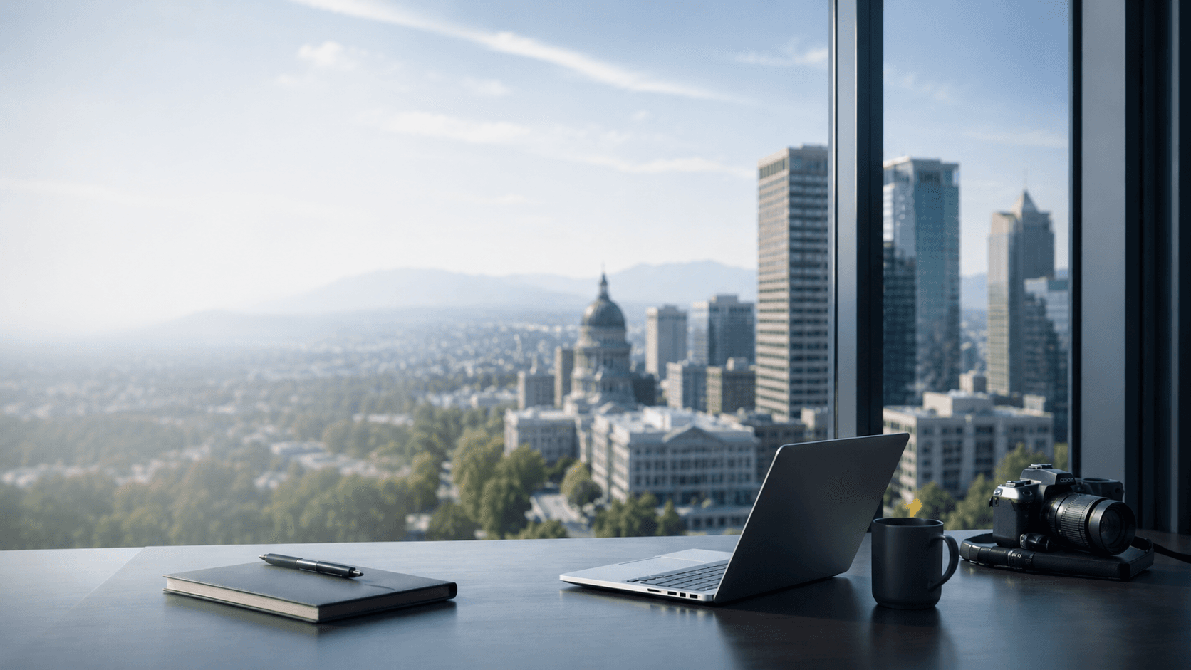 Investigator's desk overlooking the Salt Lake City skyline and Utah State Capitol